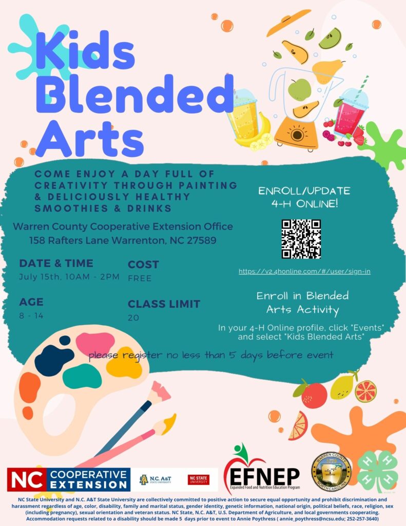 Kids Blended Arts, July 15 2022, 10 a.m. - 2 p.m. at N.C. Cooperative Extension, Warren County Center.
